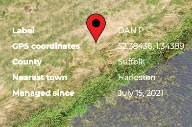 A map pin with a square’s label, GPS coordinates, county and nearest town